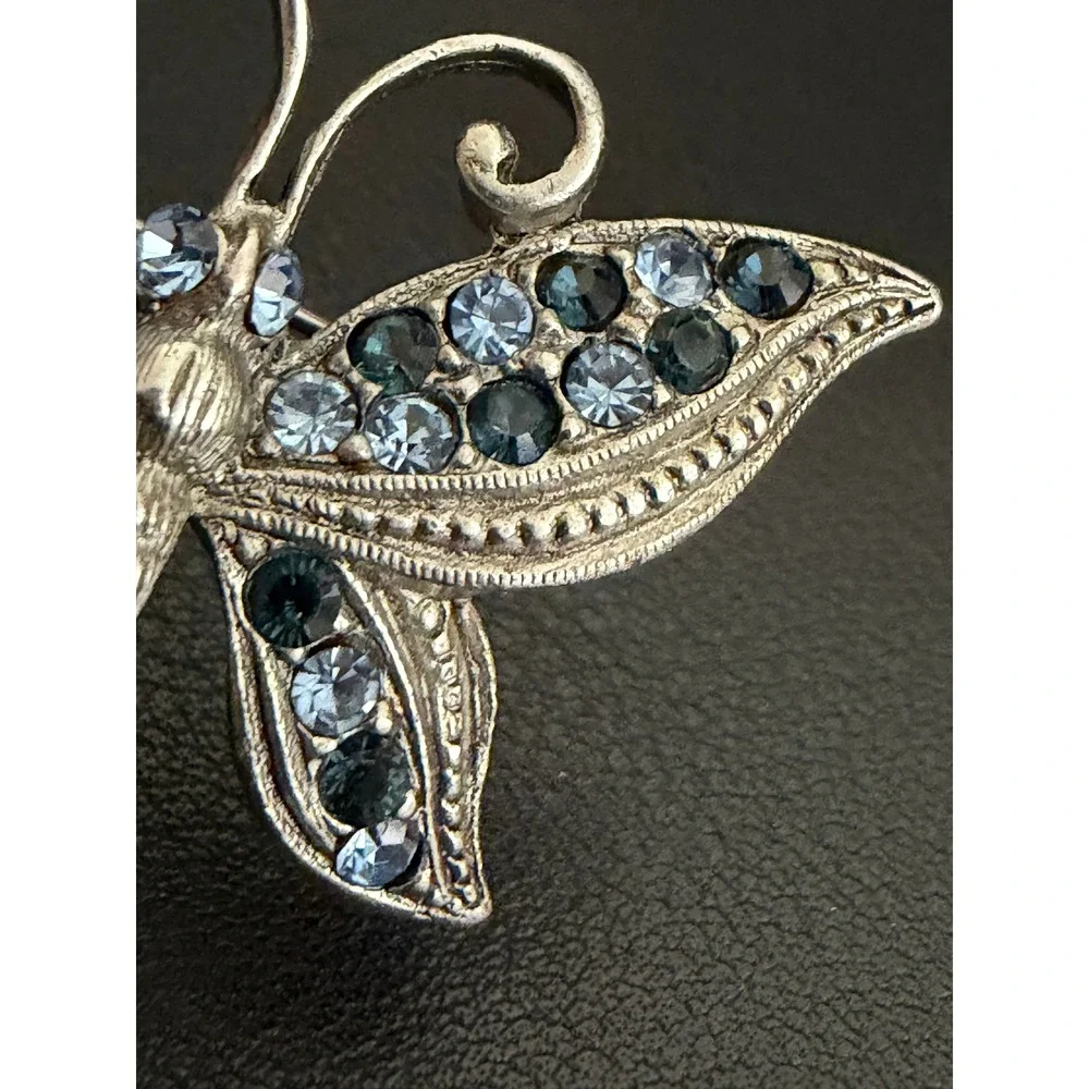 Rhinestone Butterfly Brooch Blue Silver Tone